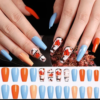 

24pcs Maple leaf Fake Nails Long Stiletto Coffin False Nails Press On Nails Acrylic Fake Nail Tips Manicure Tool Jelly Glue