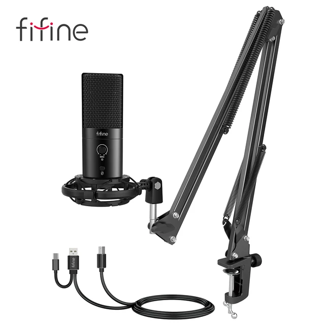 FIFINE USB C&A Gaming Streaming Microphone Kit for PC Computer, Arm Stand  Mute Button&Gain,Studio Mic for Podcast Recording-T683