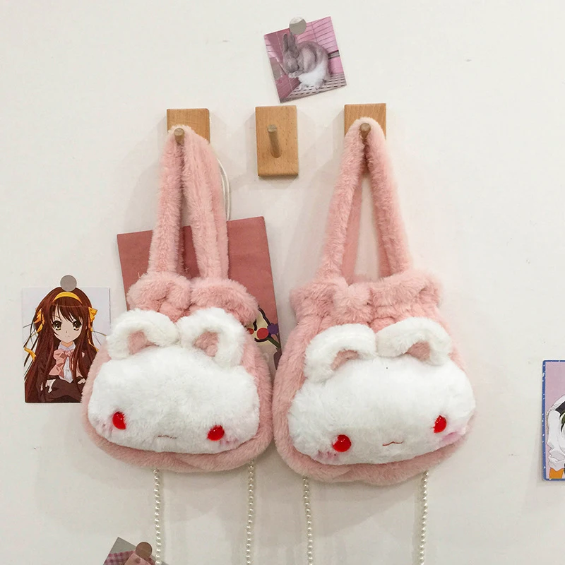 

Lolita Rabbit Plush Bag For Girls Kawaii Original Design Soft Pearl Chain Messenger Bags 2021 New Cute Lolita Shoulder Bags 430