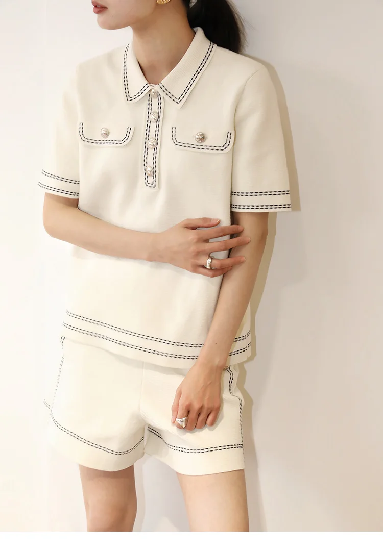 

Spring New Sitching Knitted Top Turn Down Collar Short Sleeve Knitwear Fashion Women Clothing