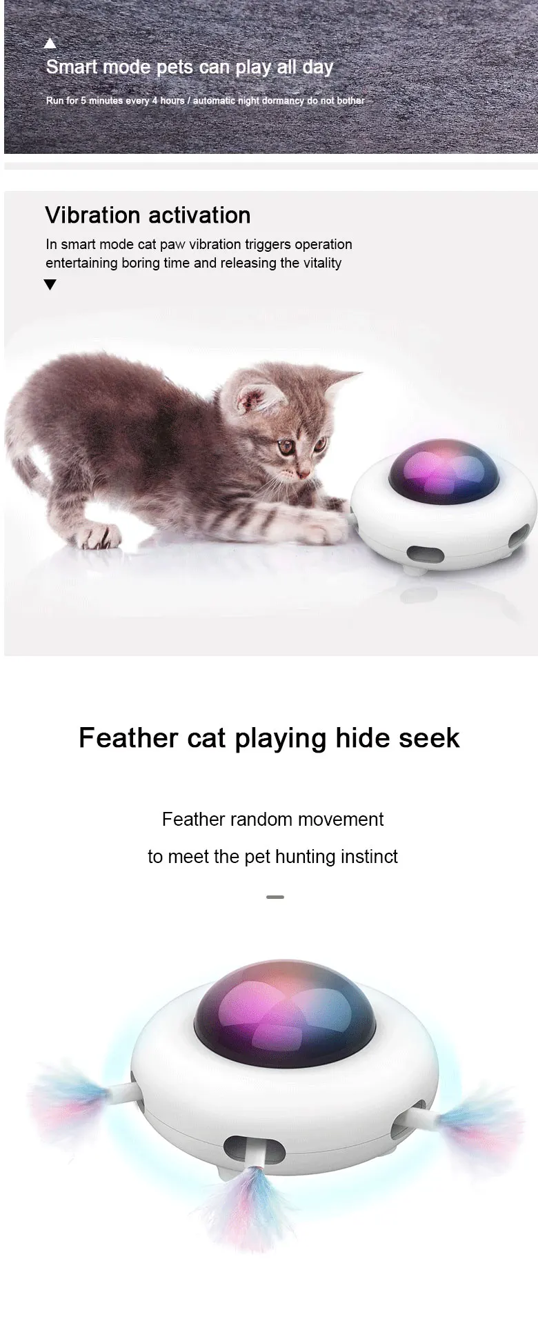 Inteligente, tocadiscos UFO oscilación automática juguetes cachorro gato dirección eléctrica juguete de persecución para mascotas de carga USB interactivo juguetes con plumas