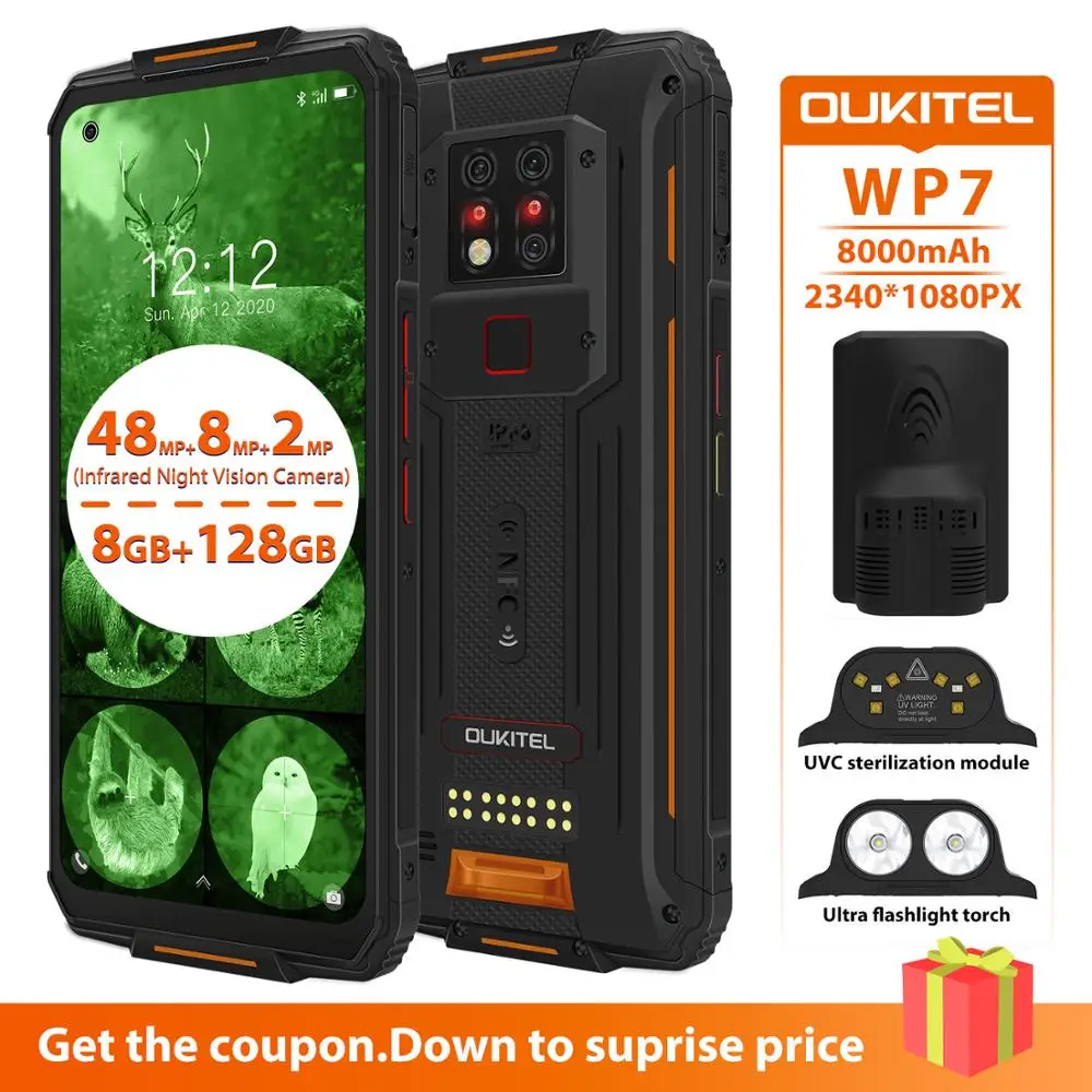 OUKITEL WP7 NFC UVC Sterilization Smartphone IP68 8GB 128GB 8000mAh 48MP 6.53” Android 9.0 Octa Core Waterproof Mobile Phone