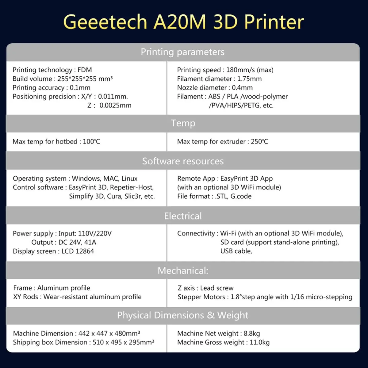 A20M 3d принтер 2в1 смешанный цвет Быстрая сборка с филаментом Fetector и прерывание 360 вентиляция 255x255x255 область печати