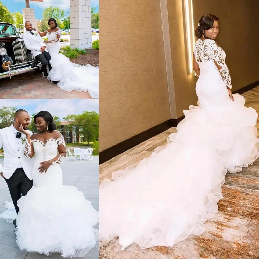 

Plus Size African Wedding Dresses with Long Sleeve 2020 Lace Applique Cascading Ruffles Sweep Train Beach Bride Reception Gown