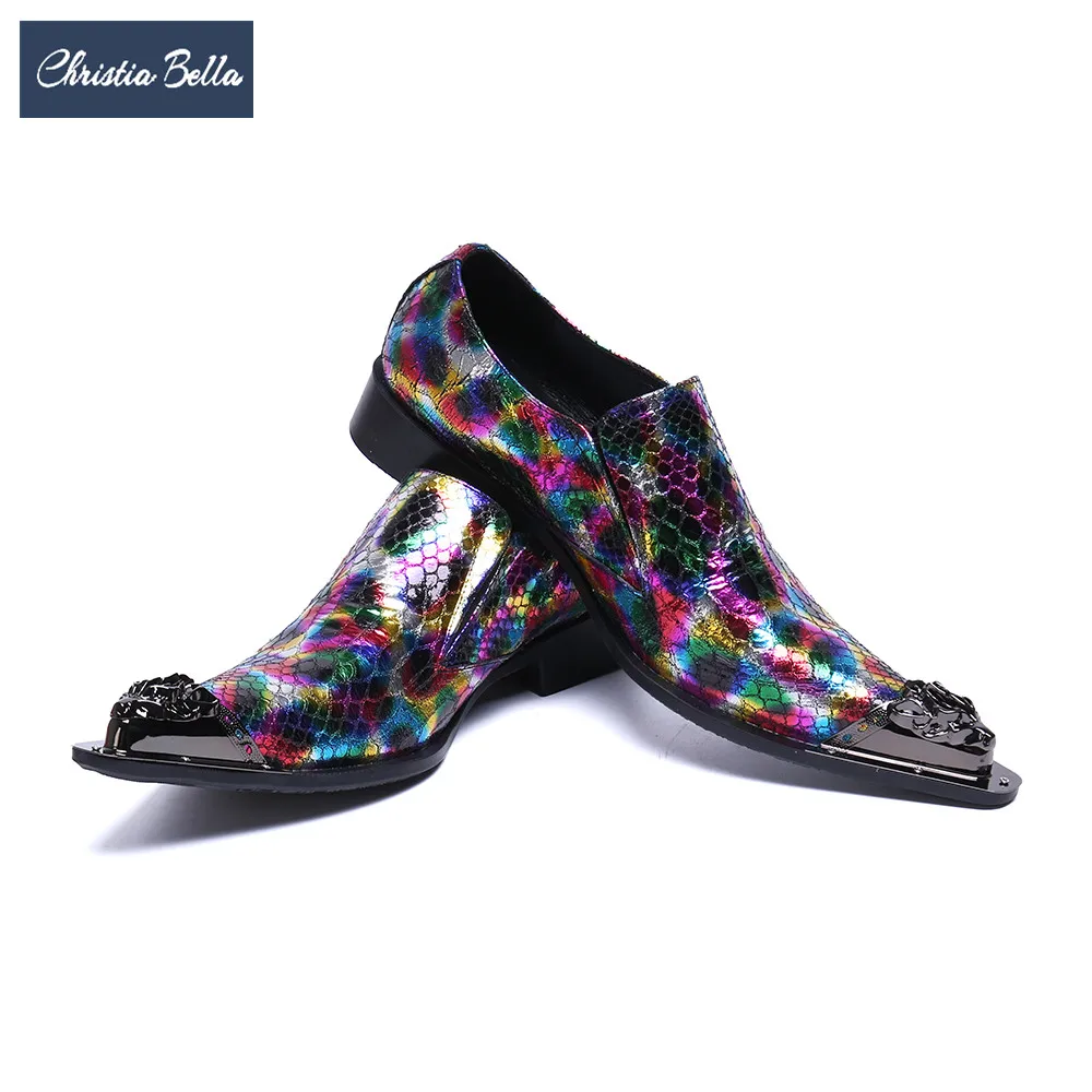 

Christia Bella Fashion Man Formal Dress Shoes Male Metal Toe Slip on Shoes Real Leather Casual Print Hairdressers Men Loafers