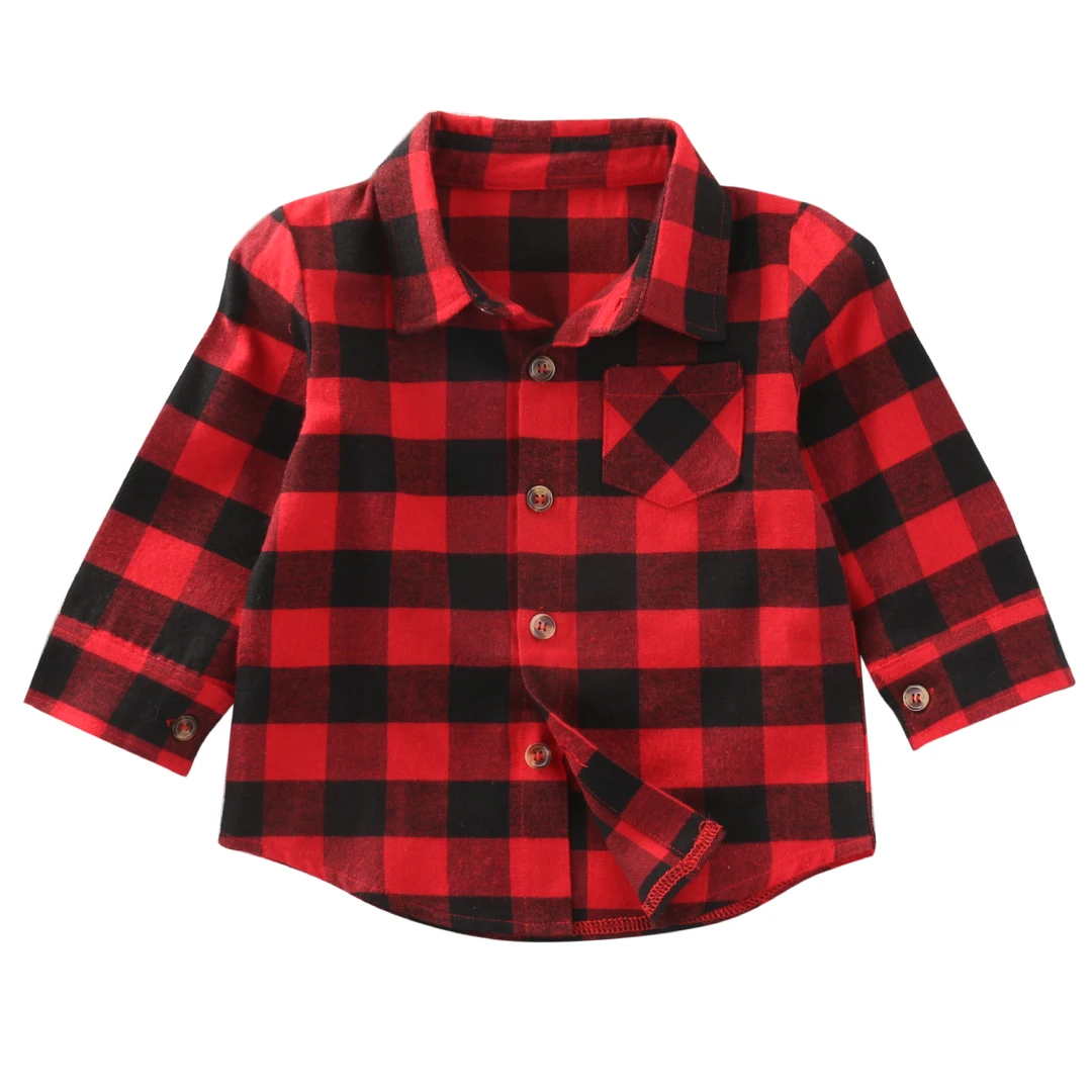 Повседневная одежда для маленьких мальчиков и девочек Рубашка в красную и черную клетку с длинными рукавами Топы в клетку с отложным воротником и карманами, блузка с коррекцией груди - Цвет: Красный
