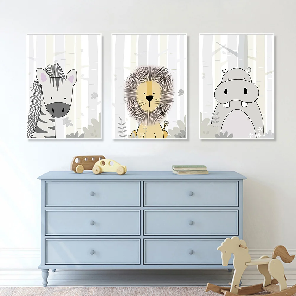 Hippo-Zebra-Lion-Woodland-Animal-Print-Baby-Nursery-Art-Canvas-Poster-Nordic-Wall-Art-Paintings-Boy