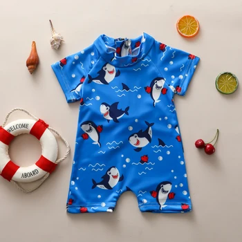 

0-3Y Infant Baby Goys One Piece Swimwear Cartoon Animal Print Short Sleeve Zipper Blue Beachwears