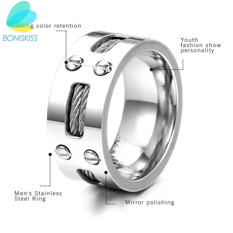 BONISKISS, мужское кольцо, новое, Крутое, нержавеющая сталь, обручальное, обручальное, подходящее кольцо со стальными кабелями и винтами, 9 мм, Размер 7-13, серебро
