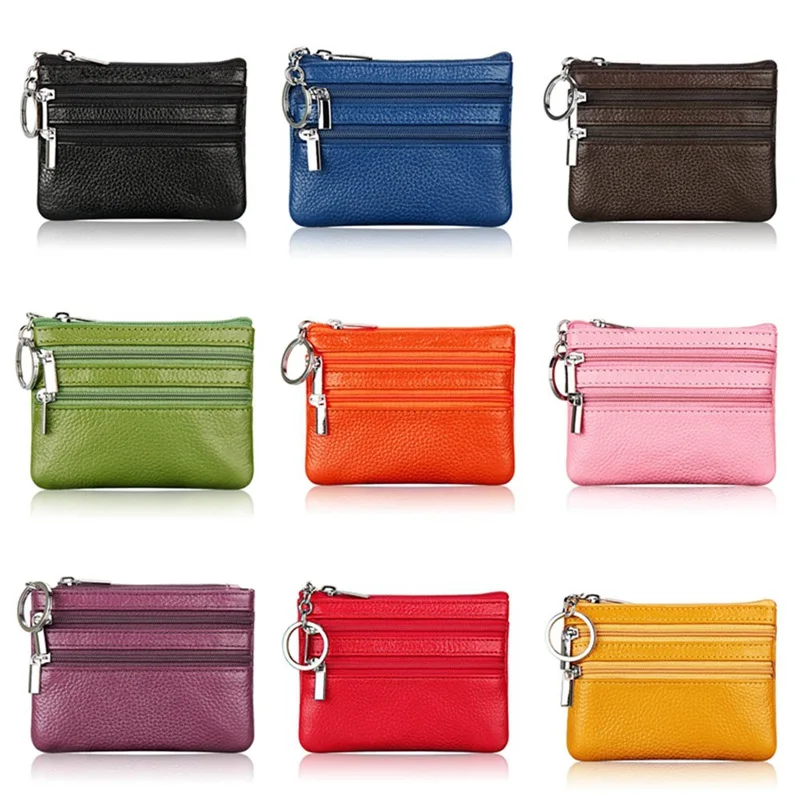 

Women Mini Zero Wallet Ladies Double Zipper Genuine Leather Coin Purse Multi Functional Small Coin Credit Card Key Ring Wallet