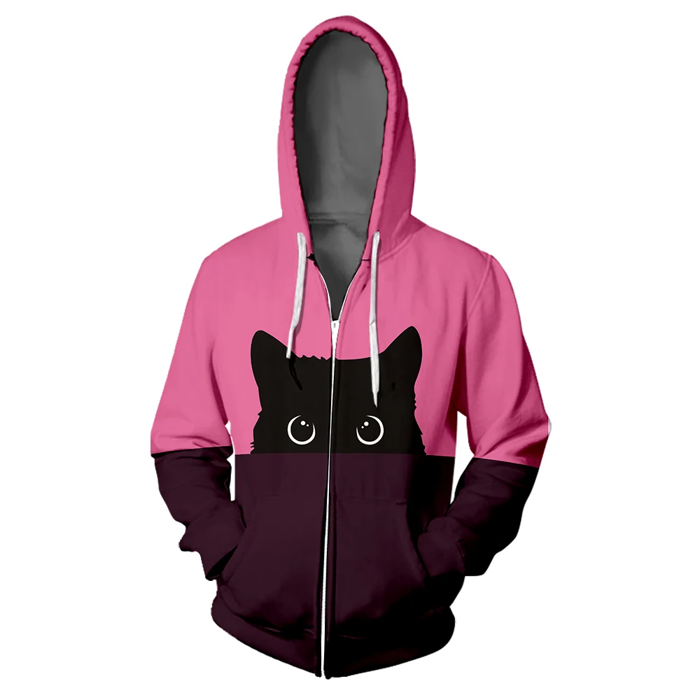 kawaii Black Cat fashion Zipper Hoodie Casual Two-tone Split Color Print Woman 3D Colorful Hooded Cute Pussy Zipper Sweatshirt