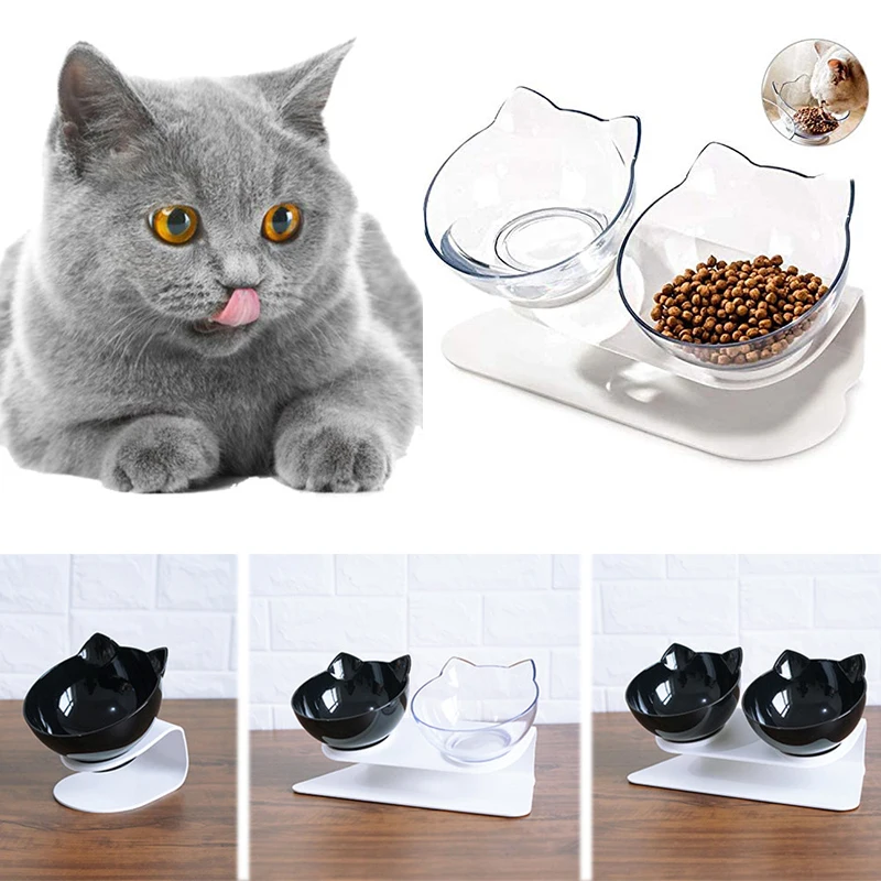 Double Cat Bowls Pet Food Dish Water Bowl Set Cat Food Bottom Pet