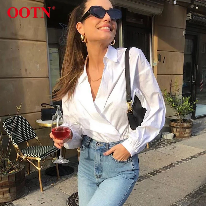 

OOTN Elegant Wrap White Blouse Women Long Sleeve Shirt Lace Up Irregular Female Tops Ladies Office Blouses Fall Winter 2019