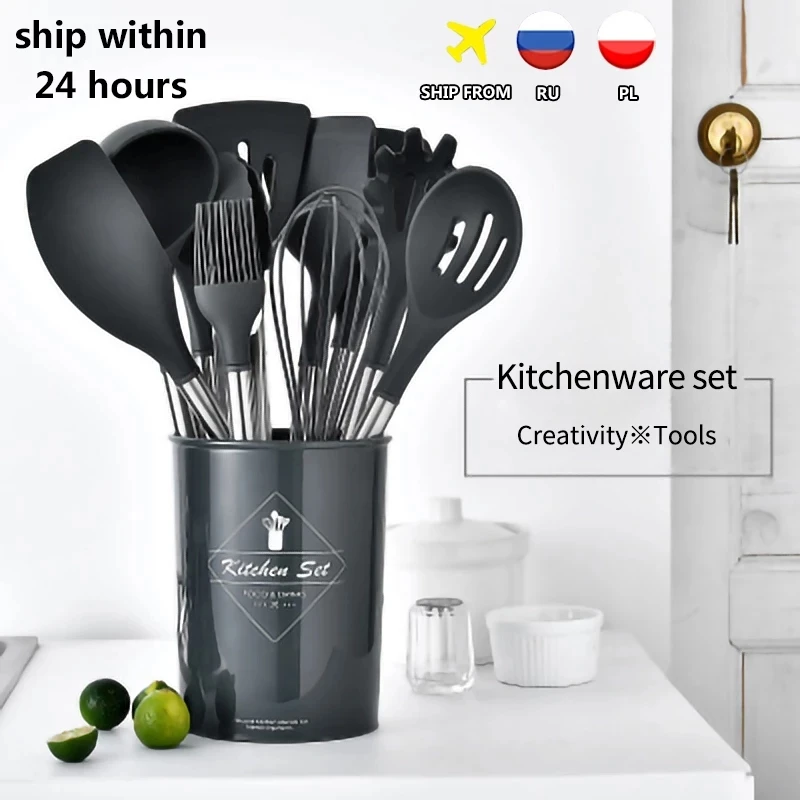New 12PCS Silicone Kitchen Tools Cooking Sets Turner Soup Spoon Spatula Brush Non-Stick Shovel With Wooden Handle Cooking Tools