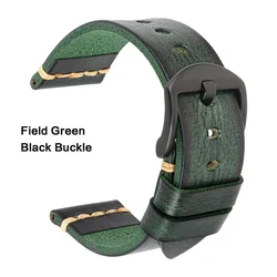 Men's Leather Watch Strap with Rose Gold Buckle - 26mm (Field Green - Black)
