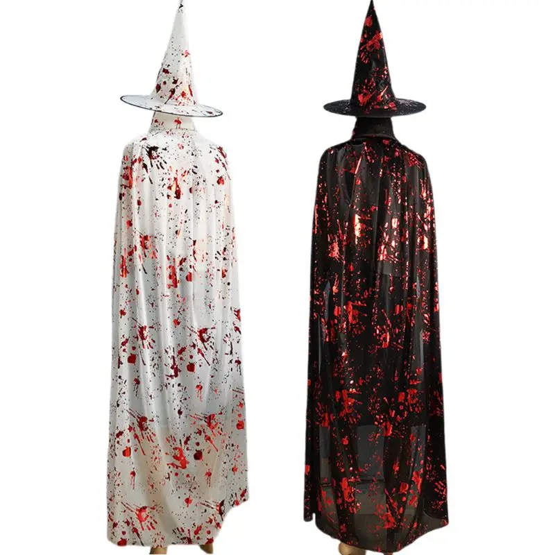 

Adult Children Halloween Scary Glitter Bloody Handprint Cloak with Witch Hat Death Evil Demon Cape Cosplay Costume Party Props