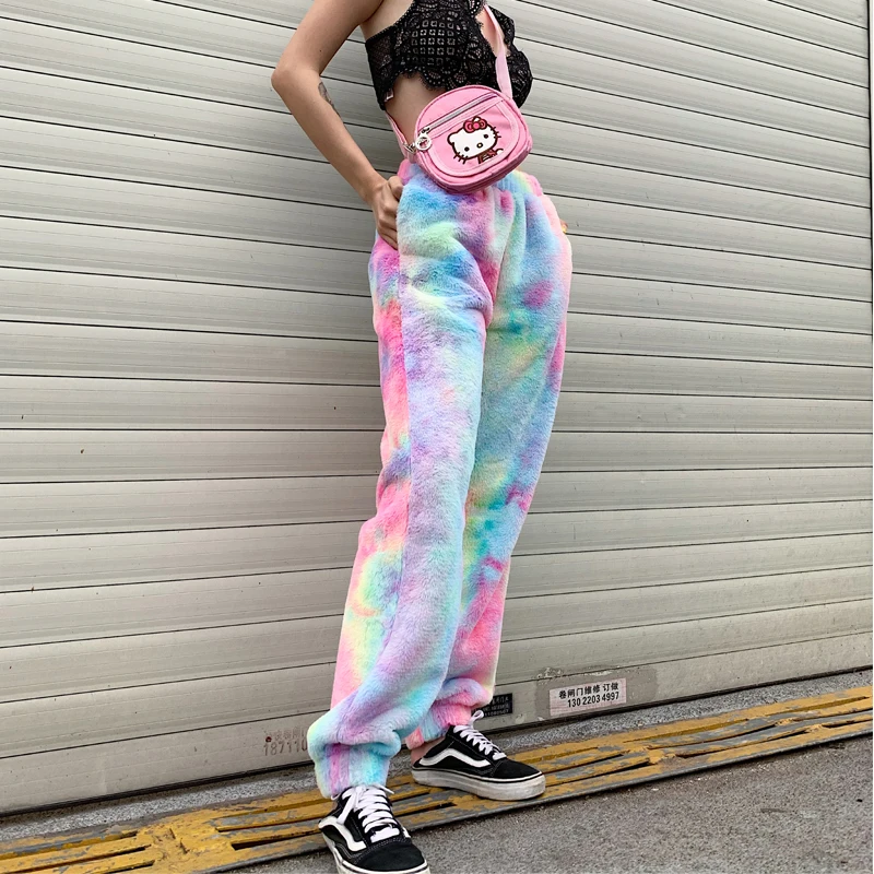 HEYounGIRL, с принтом галстука, меховые теплые штаны для женщин, Осень-зима, повседневные спортивные штаны, мешковатые, с высокой талией, женские брюки, уличная одежда