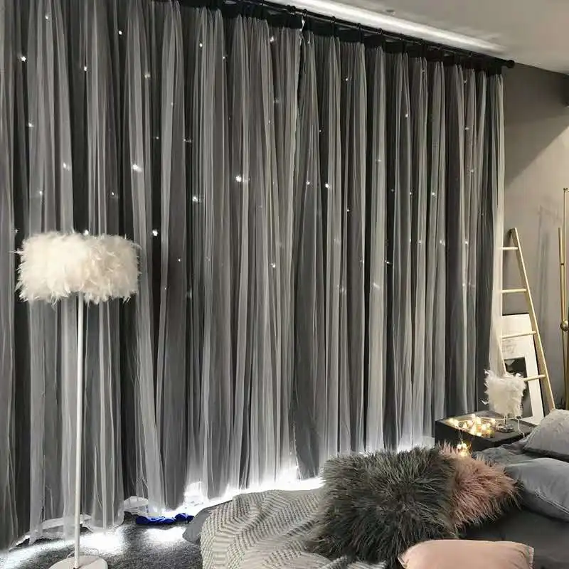 

Princess wind curtains Nordic simple starry sky double full shading bedroom living room window girl stars