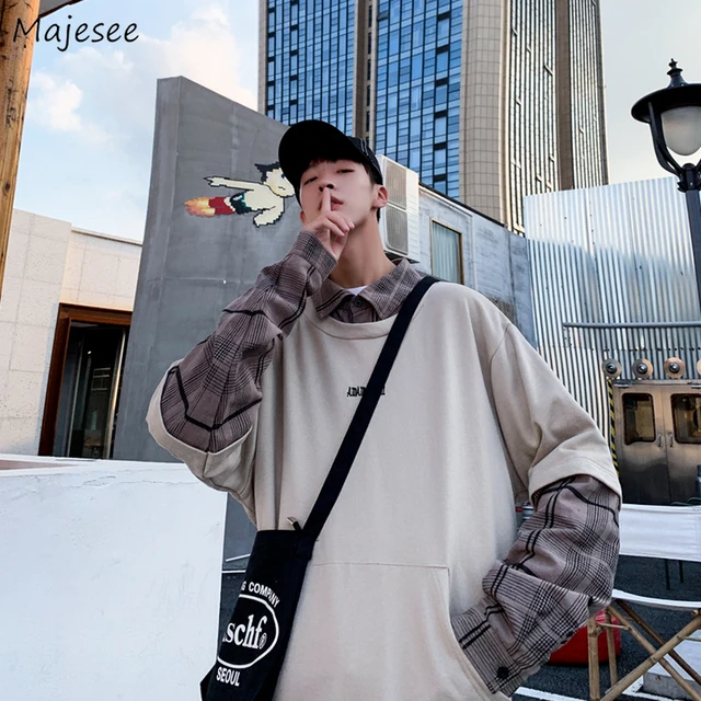 Men No Hat Sweatshirts Vintage Fake Two Pieces Design Patchwork Fashion  All-match Couples Turn-down Collar Japanese Style Loose - AliExpress