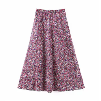 

Vintage print pleated midi skirt faldas mujer elastic waist skirts womens office lady wear casual chic mid calf skirt