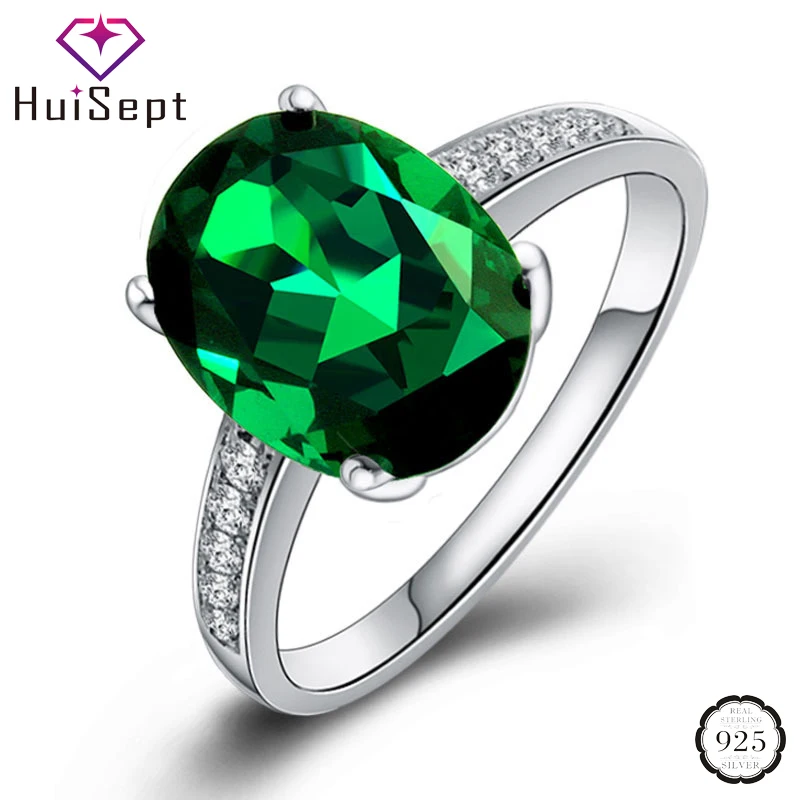 

HuiSept Elegant 925 Silver Jewellery Ring Oval Shaped Emerald Gemstone Zircon Rings Ornaments for Female Wedding Party Wholesale