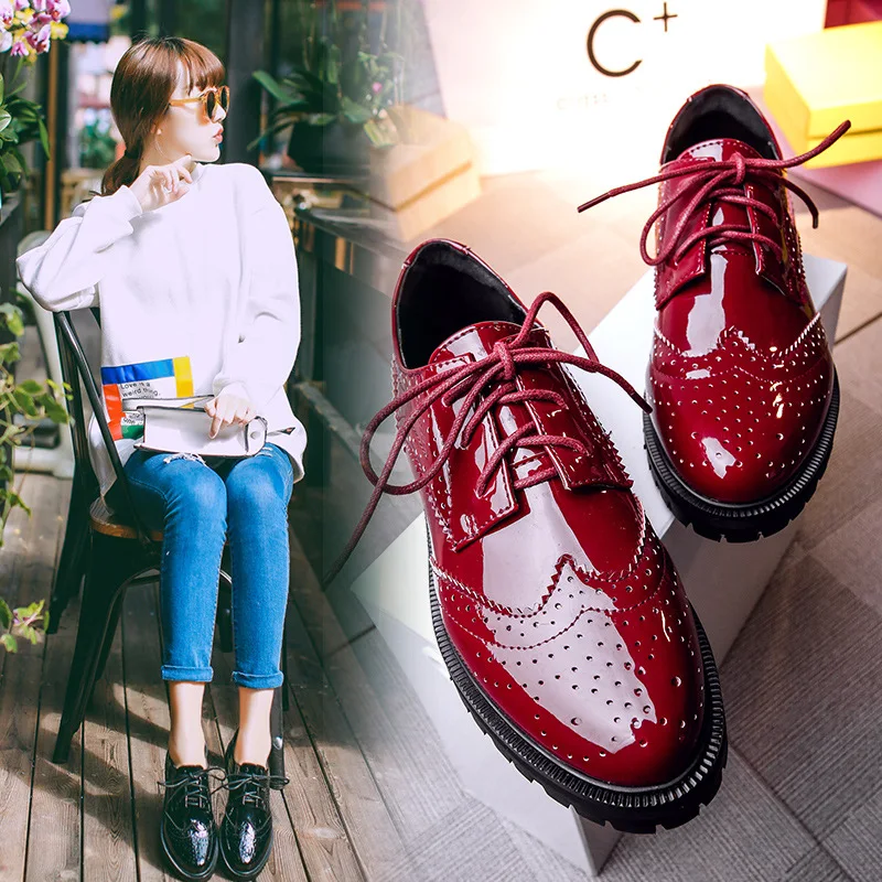 

WOMEN'S Flat Shoes 2018 Autumn New Style Lace-up Women's Small Leather Shoes England Semi-high Heeled Shoes Shallow Mouth Shoes