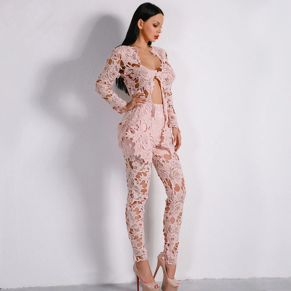 

2019 Europe And America Long Sleeve Sexy Deep V Lace Joint Hollow out Two-Piece Set WOMEN'S Casual Suits Ft8646