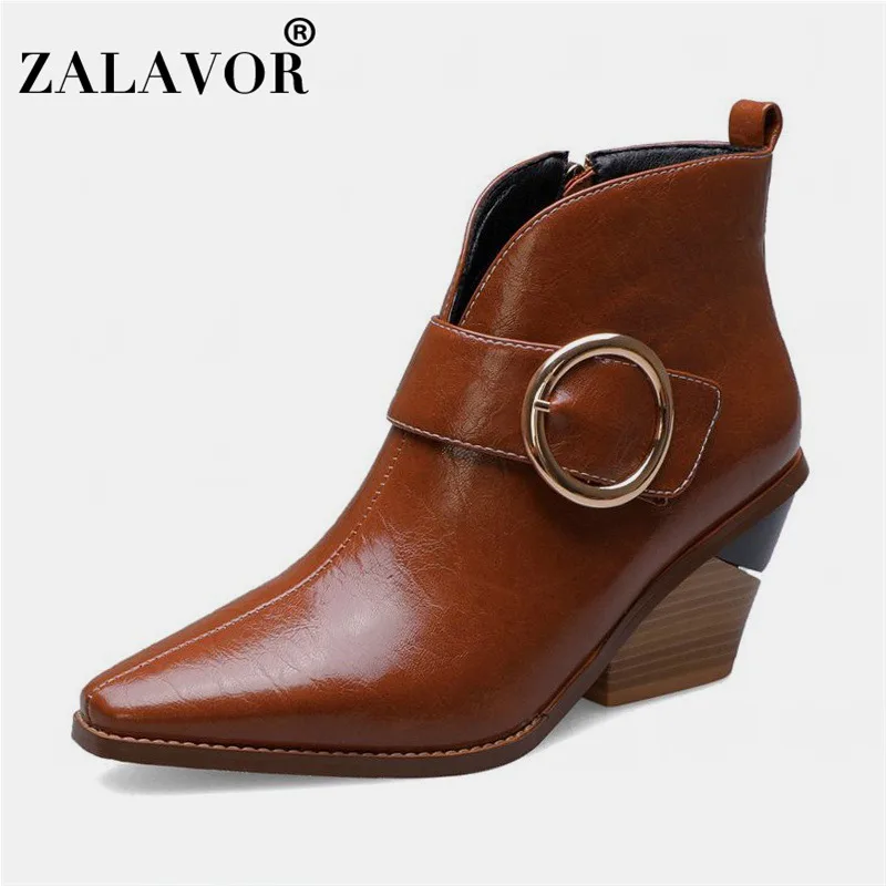 

ZALAVOR Women Ankle Boots Metal Buckle Sexy Pointed Toe Fall Winter Shoes Women Zipper High Heel Footwear Plus Size 34-44