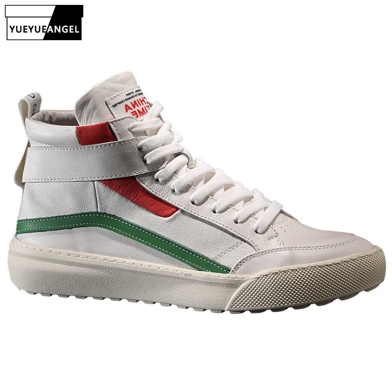 

Fashion Mens Thick Platform High Top Shoes Genuine Leather Sneakers Lace Up Round Toe Patchwork Footwear Casual Joggers Shoes
