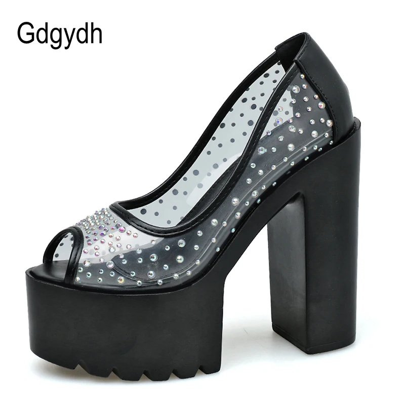 

Gdgydh SPring Summer Luxury Brand Shoes Women Designers Wedding Heels White Sexy Crystals Pvc Women Pumps Peep Toe For Nightclub