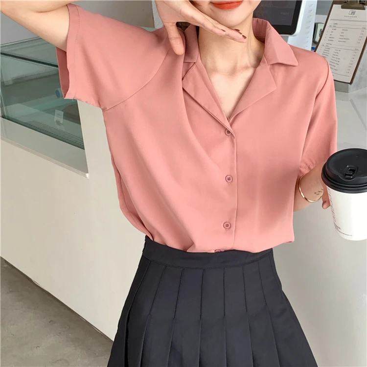 Turndown Collar Short Sleeve Chiffon Shirt Blouse Women 2020 Office Ol Overalls Shirt Casual Button Loose Summer Simple Tops Turndown Collar Short Sleeve Chiffon Shirt Blouse Women 2020 Office Ol Overalls Shirt Casual Button Loose Summer Simple Tops
