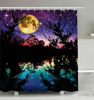 

Purple Shower Curtain Set with 12 Hooks, Halloween Lake Moonlight Stars Night Sky Trees, Polyester Fabric Bathroom Decor Set,