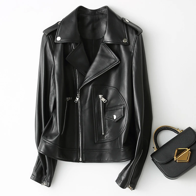 Genuine Streetwear Leather Female Jacket 2020 Autumn Spring Casual Fashion Vintage Fit Sheepskin Real Coat 29051 | Женская одежда