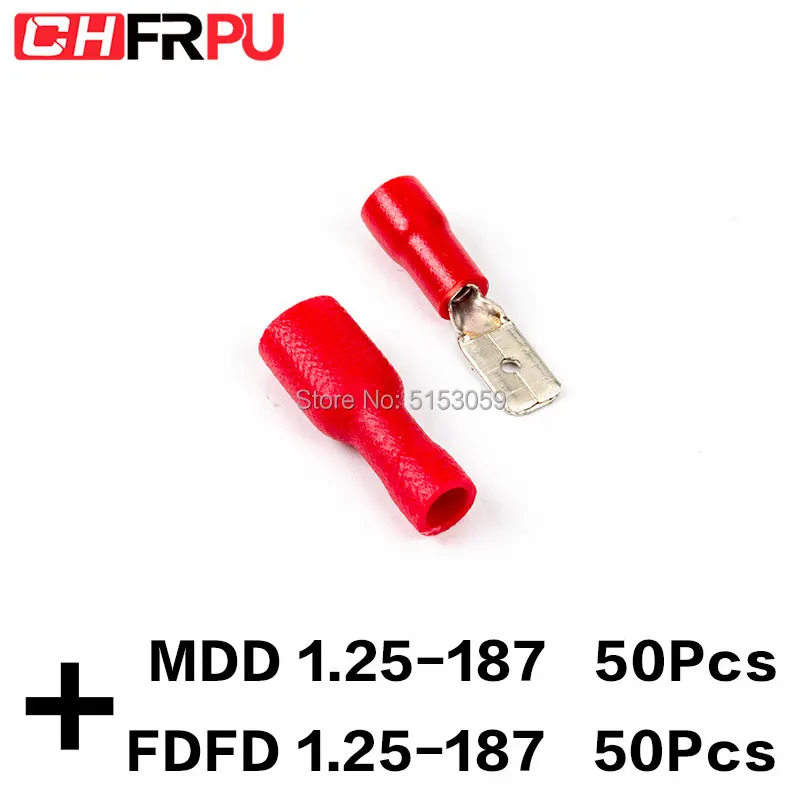 

100PCS 4.8mm 22-16AWG FDFD/FDD/MDD1.25-187 Female male Insulated Electrical Crimp Terminal for 0.5-1.5mm2 Cable Wire Connector
