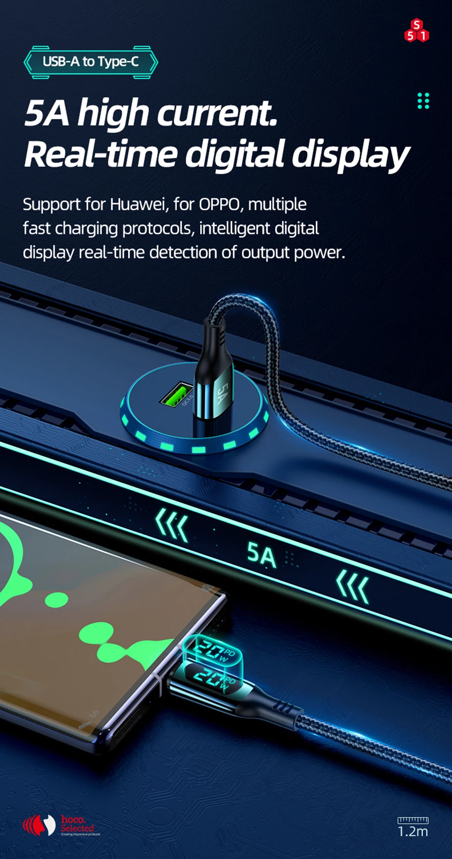 Hoco LED Display 5A USB Type C Fast Charging cable For Xiaomi Redmi Note 10 Pro With Digital Display Data Cable