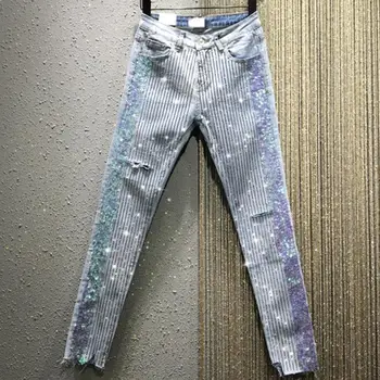 

2020 Spring autumn new high waist skinny jeans women stretch fashion heavy work sequins hot drilling hole pencil jeans