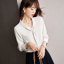 Autumn French Fashion Women Ribbon Chiffon Blouses Shirts Elegant Office Lady Slim Solid Shirt Tops Blusa