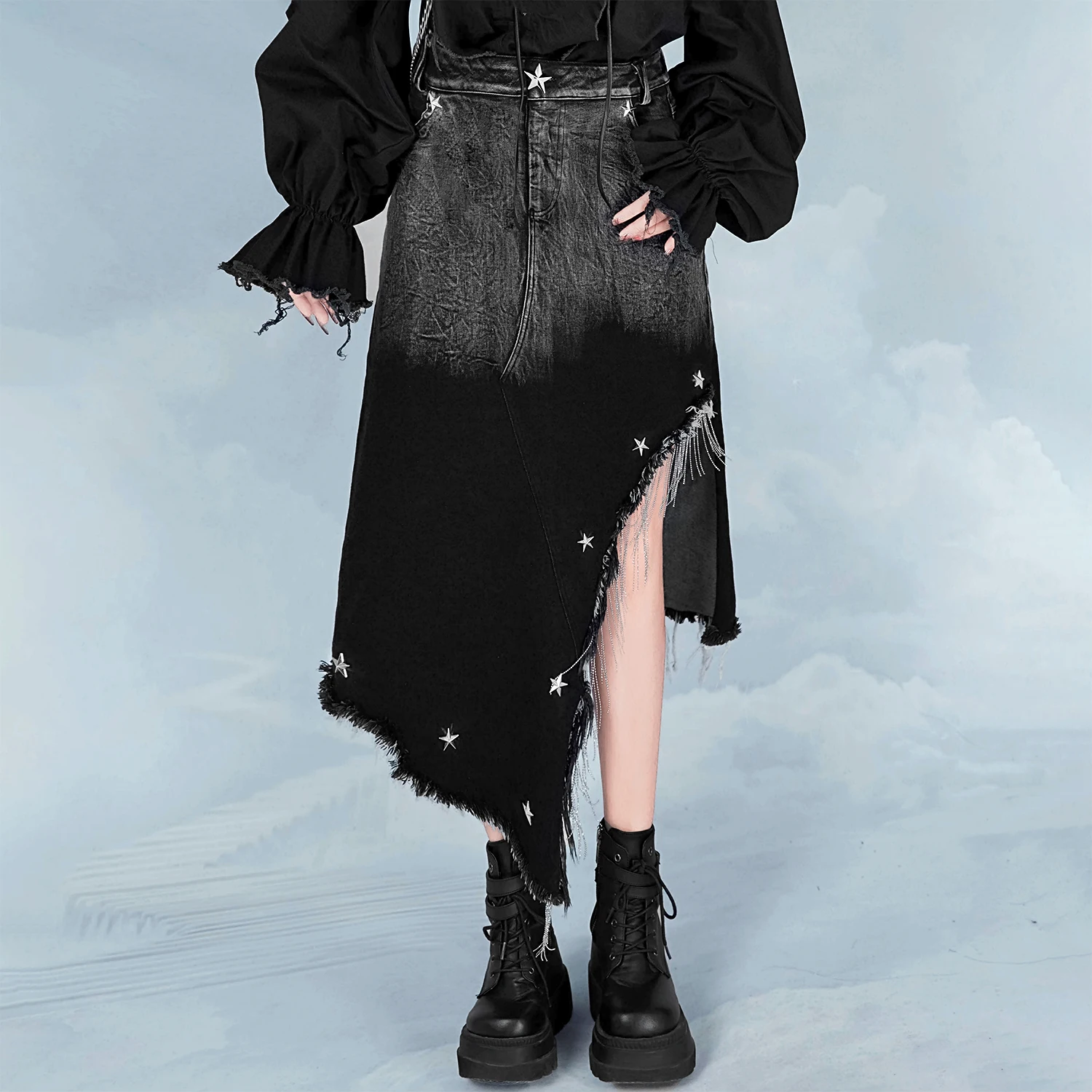 

New Autumn Gothic Harajuku Asymmetric Tassel Rivet Skirts Hot Girl Fashion Sweet Punk Kawaii Denim Slit Long Skirts