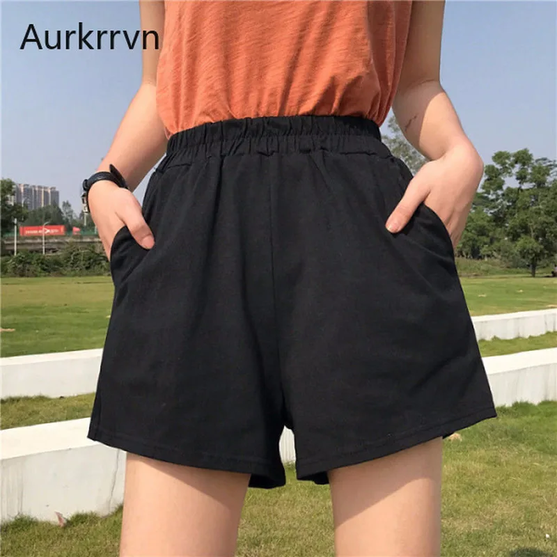 

Aurkrrvn Black Summer Shorts Woman Casual Pocket Elastic Waist Wide Leg Shorts Lady 2020 Plus Size Loose Sport Shorts Woman