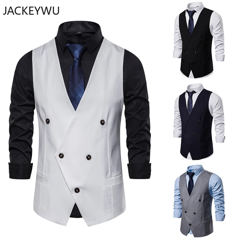 

Brand Suit Vest Men 2019 Smart Fashion V Neck Double Breasted Waistcoat Solid Color Chalecos Para Hombre Business Gilet