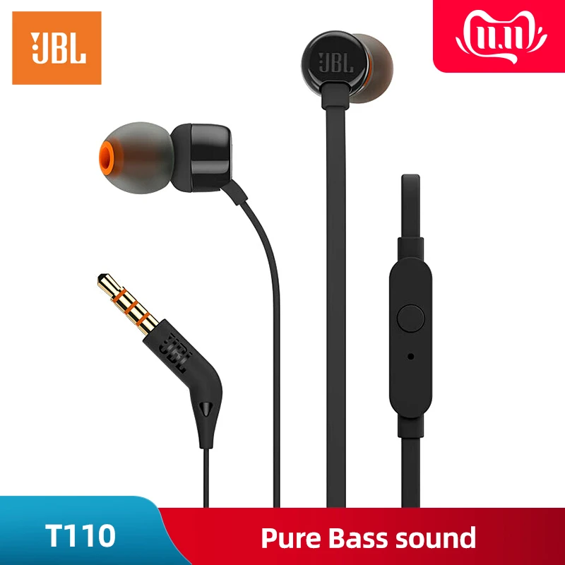 JBL T110 наушники плотно прилегающие к уху, динамический спортивные музыкой чистый Hi-Fi глубокий бас стерео звук гарнитура 1-кнопочный пульт дистанционного управления с микрофоном