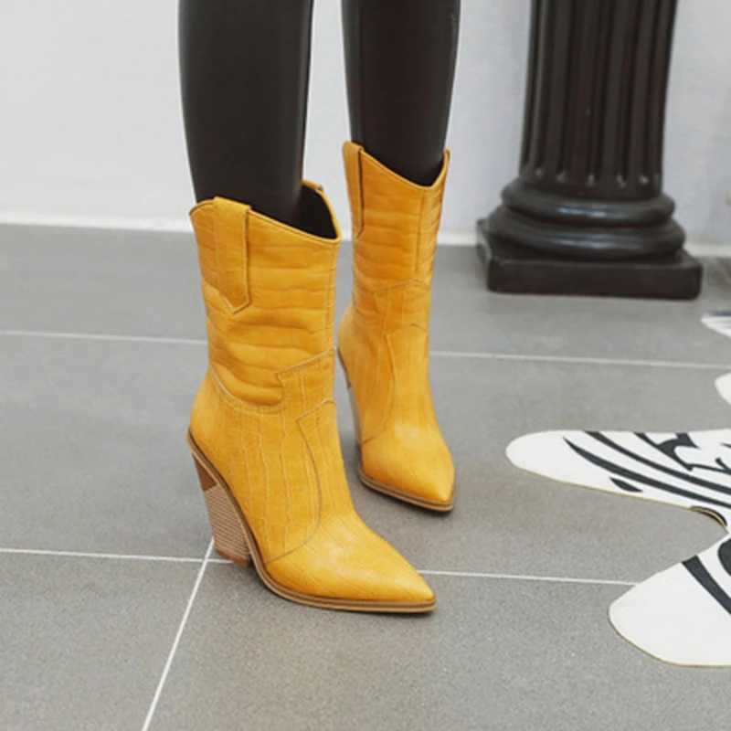 Большие размеры 33-46; коллекция года; Брендовые женские ботинки до середины икры; женские модные ботинки на высоком каблуке; женские ботинки из микрофибры; сезон осень-зима