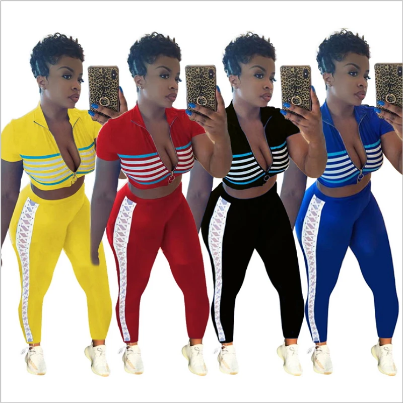 

Striped Zipper Front Cardigan Crop Top Ribbons Lace Up Side Long Pants Two Piece Set Sexy Casual Outfits For Women Bodysuit 2019