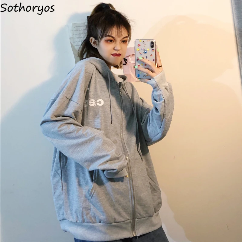 

Hoodies Women Ulzzang Big Size Zipper Korean Style Loose Girls Thin Simple Fashion Hooded Print All-match Womens Sweatshirt Chic