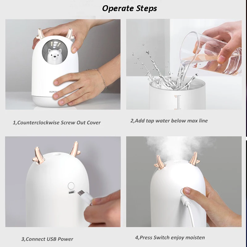  USB Humidifier Cute Pet Ultrasonic Cold Fog Aroma Air Oil Diffuser LED Night Light Lamp Humidifier