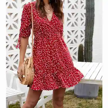 

Women's Floral Dress Summer Sleeve Lace Dress Fresh V-neck Women's Clothing