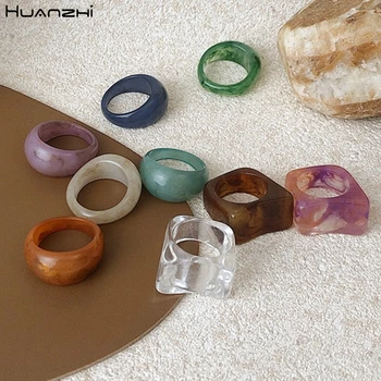 

HUANZHI 2020 New Colorful Transparent Acrylic Irregular Marble Pattern Ring Resin Tortoise Rings for Women Girls Jewelry