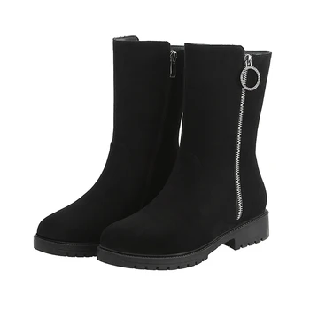 

Casual comfortable round toe flock mid-calf boots fashion crystal zipper black low heel thick heel motorcycle boots women shoes