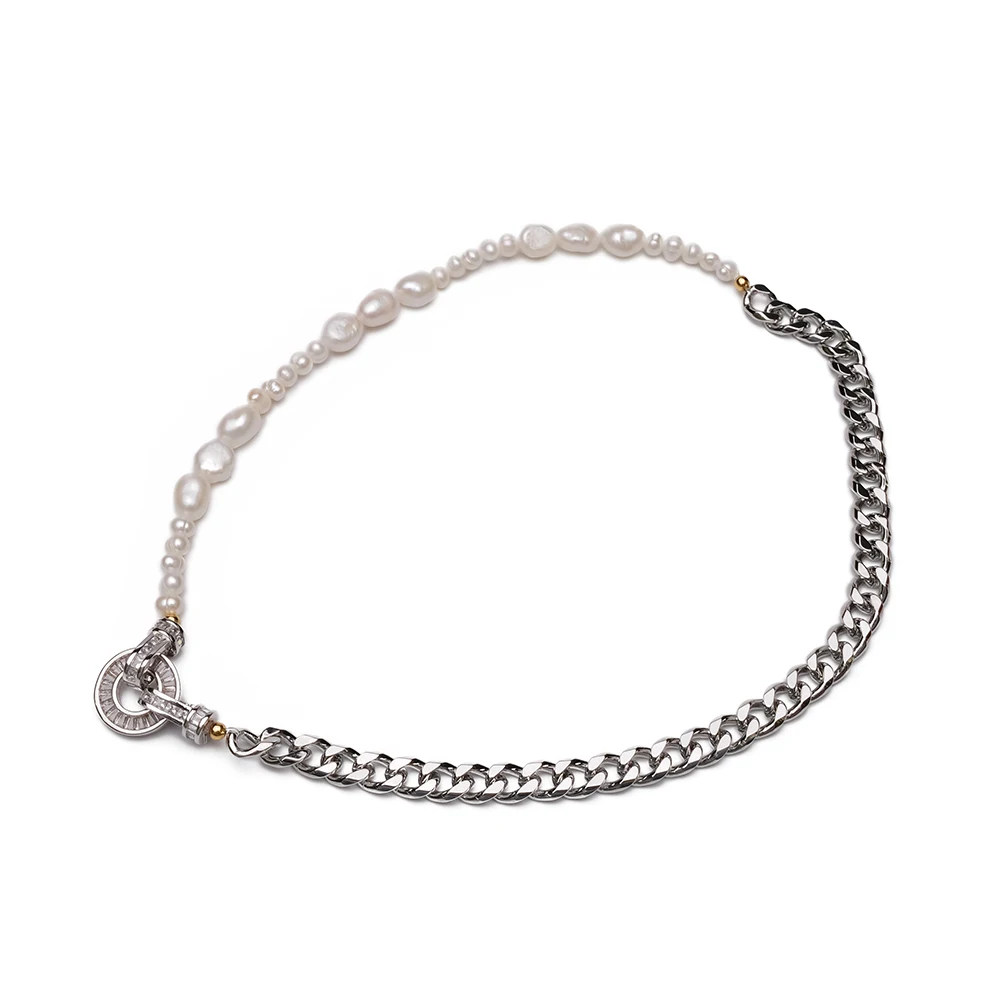 Amorita boutique fashion Natural pearl chain stitching design metal necklace