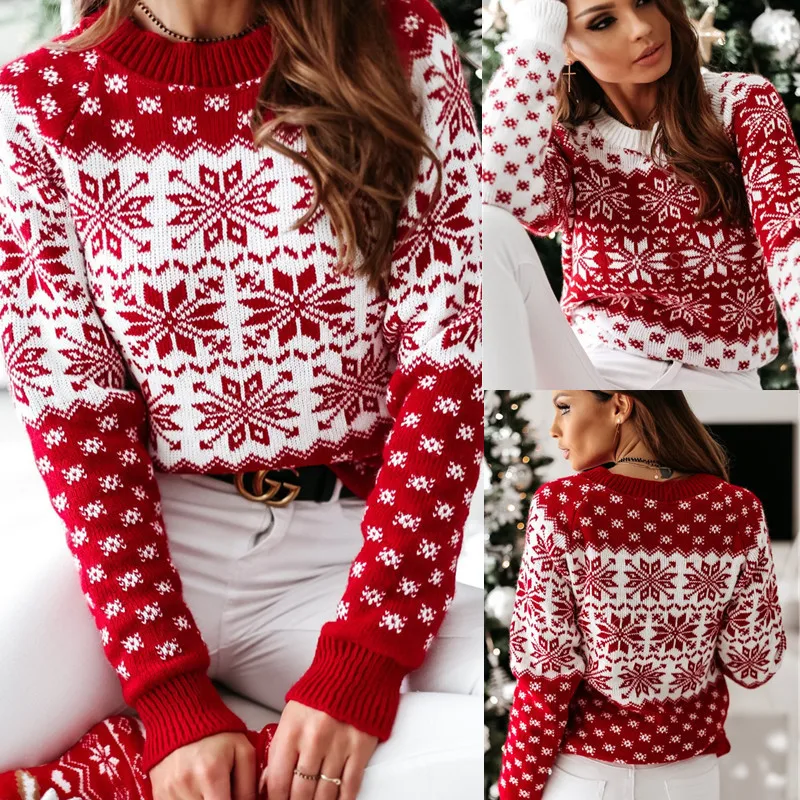 

Woman Sweaters Christmas Winter Clothes Women Snowflake Pattern Classic Round Neck Long Sleeve Festive Sweaters for Women